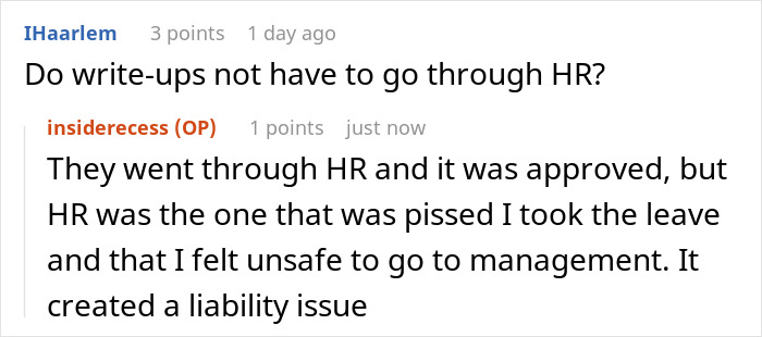 Reddit user discussing HR involvement in hostile work environment and toxic bosses banning talks about burnout.