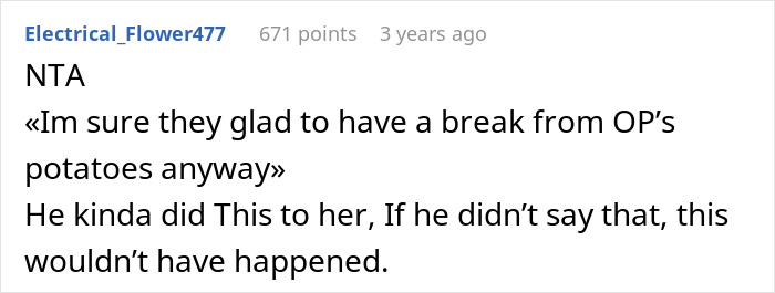 Screenshot of an online comment mocking sister&rsquo;s potatoes, highlighting a roast and emotional reaction over raisin potatoes.