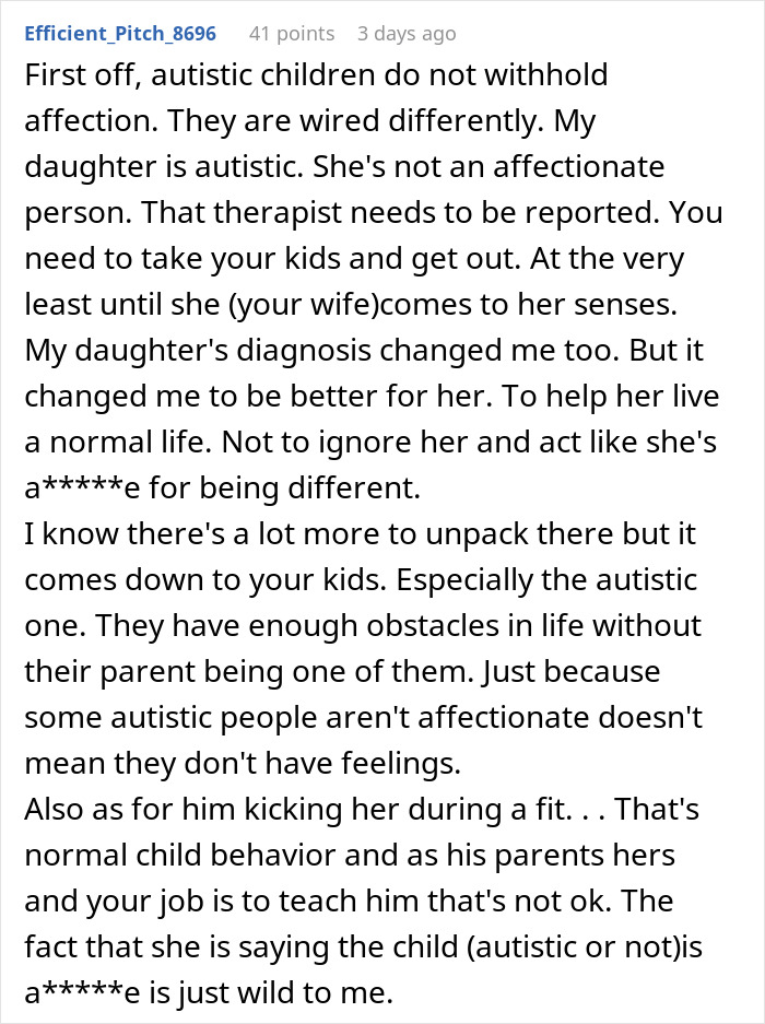 Reddit comment discussing challenges with autistic children and advice on therapist concerns in AITAH relationship conflict.