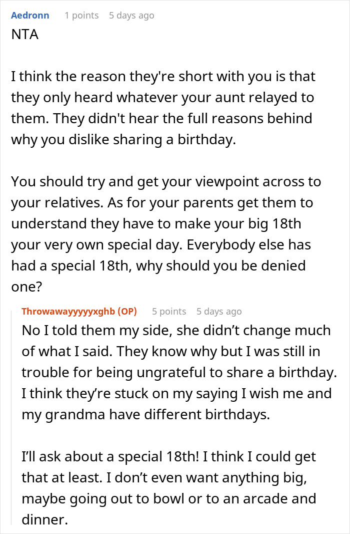 Text conversation about a 17-year-old venting over sharing a birthday with grandma, causing family drama and conflict.