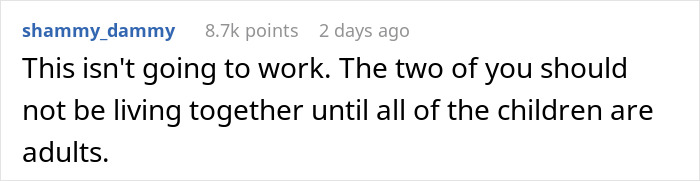 Reddit comment stating that a couple should not live together until all children are adults in a step-family dispute.