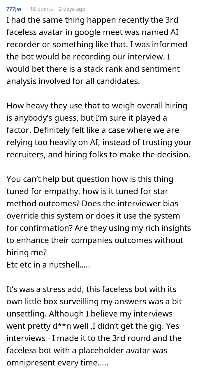 User describing experience with AI-scored job interview real-time involving a faceless avatar recording interviews. User describing experience with AI-scored job interview real-time involving a faceless avatar recording interviews.