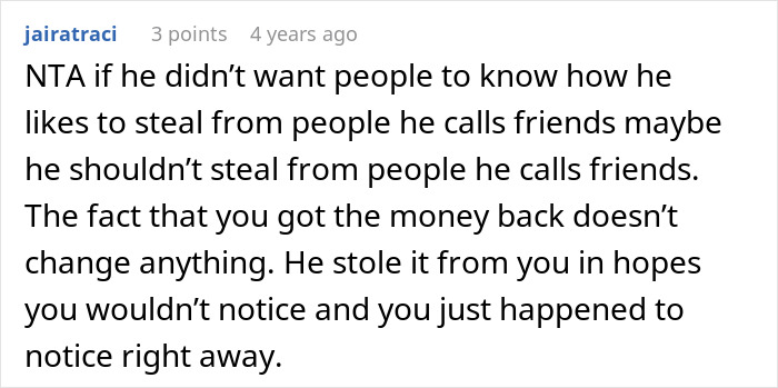 Comment on a post about a man refusing to forgive an ex-friend who stole forty dollars and calls him a thief.