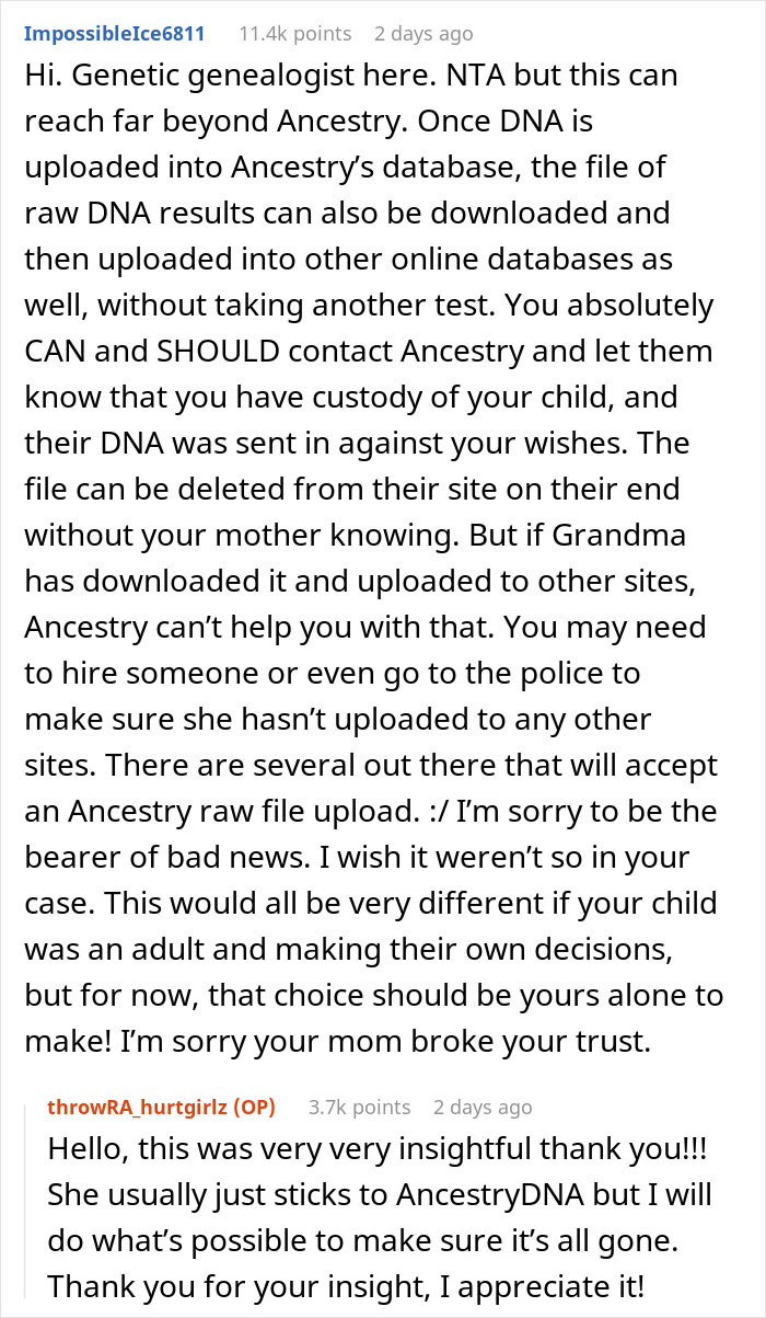 Commenter explains risks of sharing DNA data on Ancestry and advises caution with family ancestry tests privacy. Commenter explains risks of sharing DNA data on Ancestry and advises caution with family ancestry tests privacy.