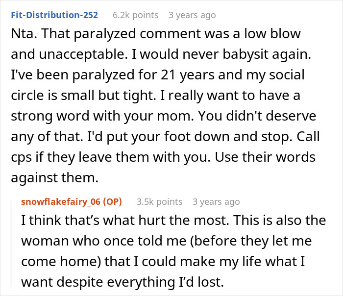 Comment text defending paralyzed woman refusing to babysit, highlighting social life and family conflict about caregiving expectations.