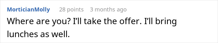 Commenter MorticianMolly responding to an offer, expressing willingness to accept a favor instead of cash help.