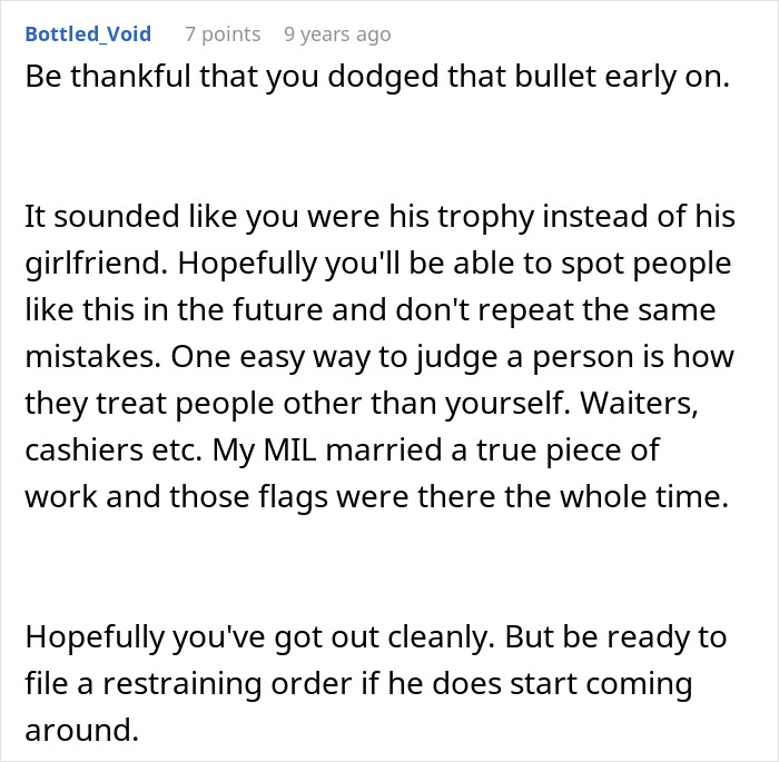 Screenshot of a Reddit comment discussing a woman bumping into her boyfriend&rsquo;s grown son and receiving a wake-up call.