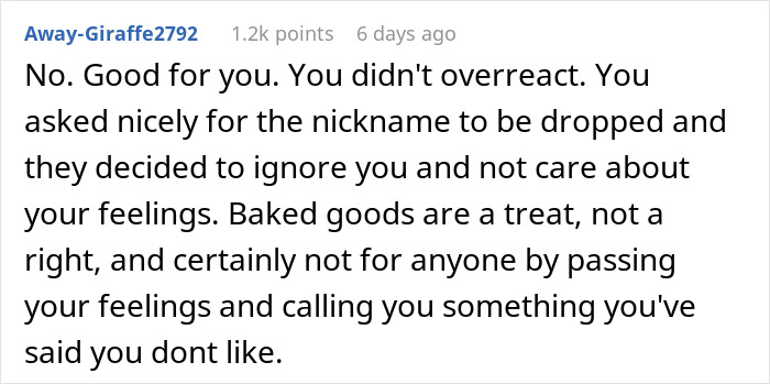 Comment on workplace awkwardness after woman stops baking for colleagues due to an unwanted nickname conflict.