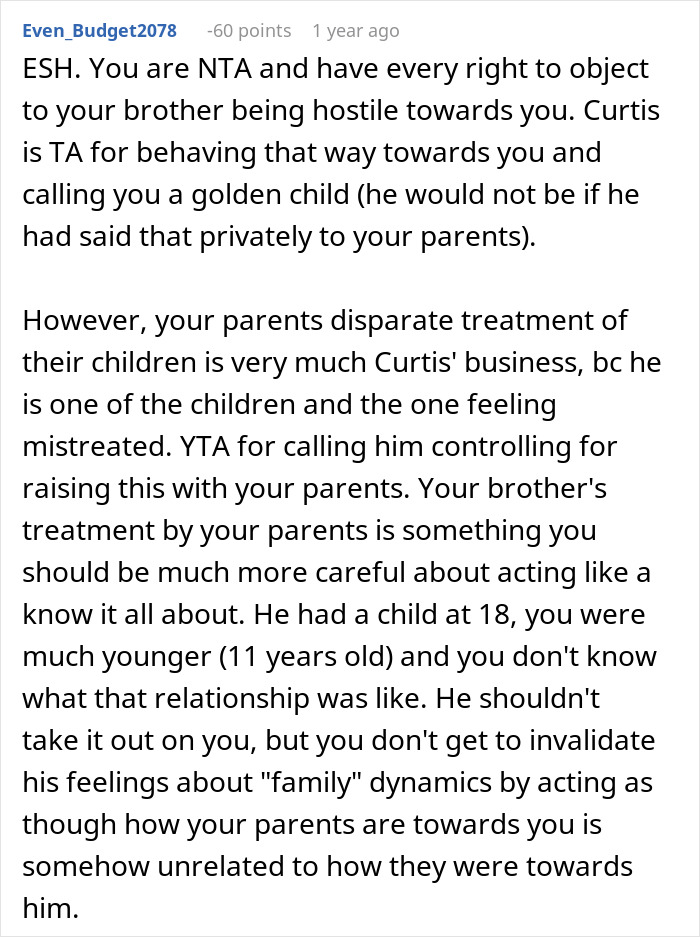 Comment discussing a woman confronting her brother for being controlling after he called her the golden child.