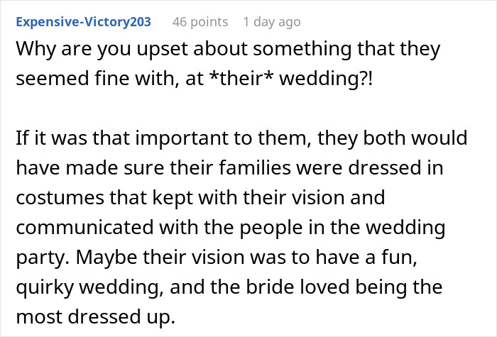 Comment discussing disappointment and anger over a Halloween wedding, focusing on the groom and bride's choices.