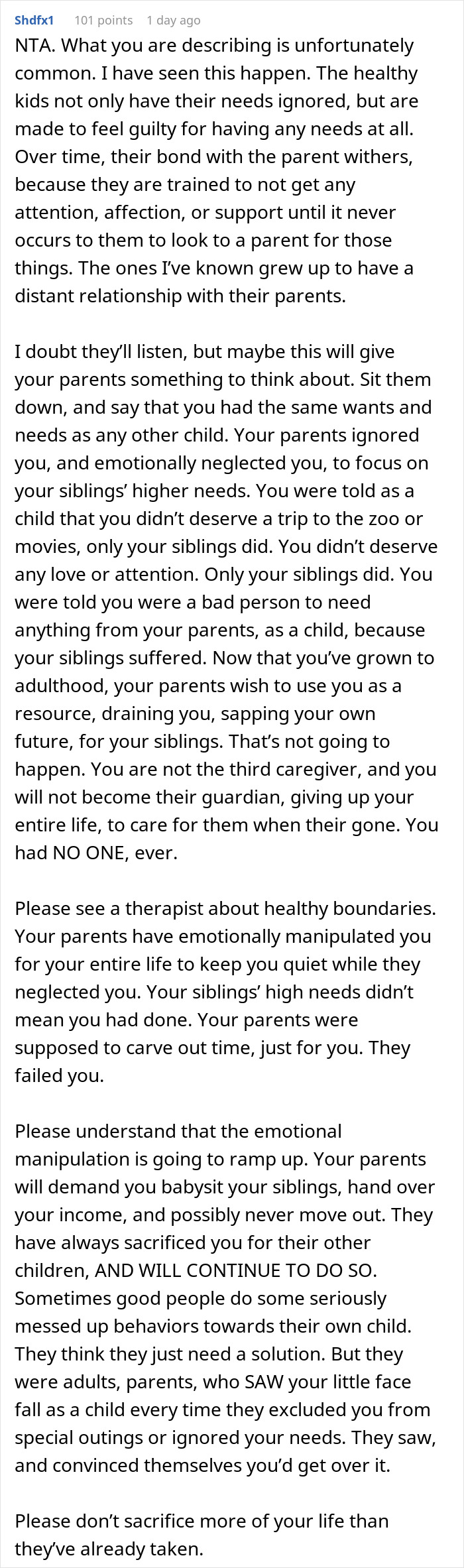 Alt text: Emotional neglect and parental demands on sibling of autistic and epileptic brothers impacting her salary and well-being