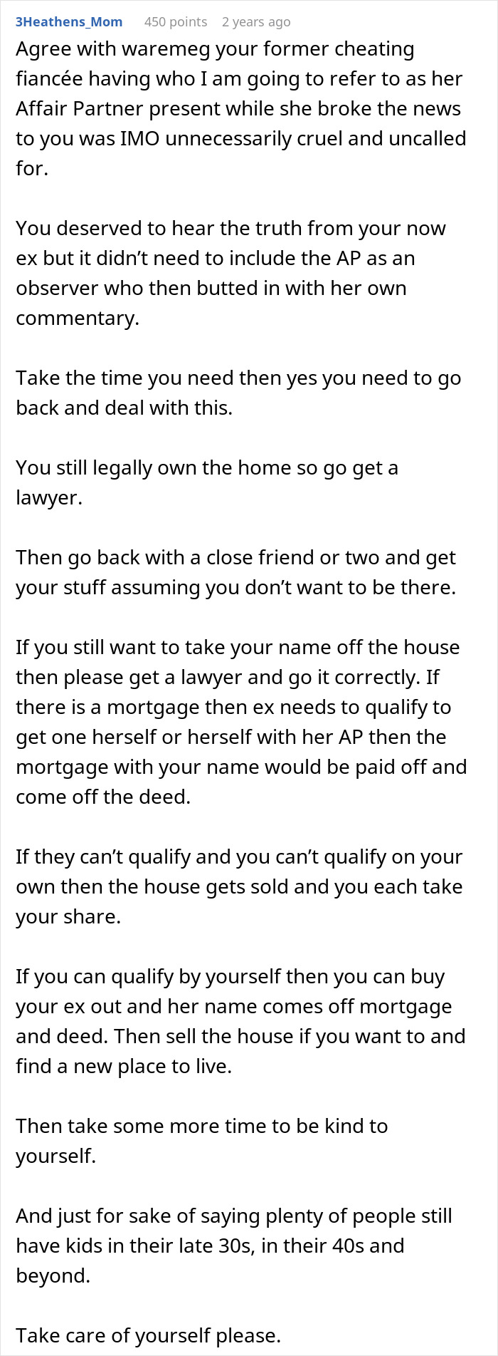 Comment discussing advice for a man whose fianc&eacute;e was in love with her friend, addressing relationship and legal issues.