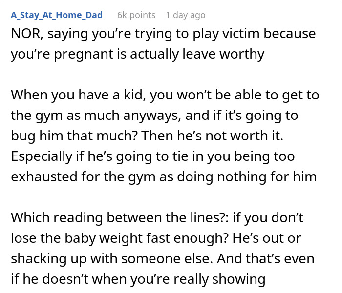 Alt text: Online discussion about man accusing pregnant girlfriend of playing the victim when too sore and tired to work out.