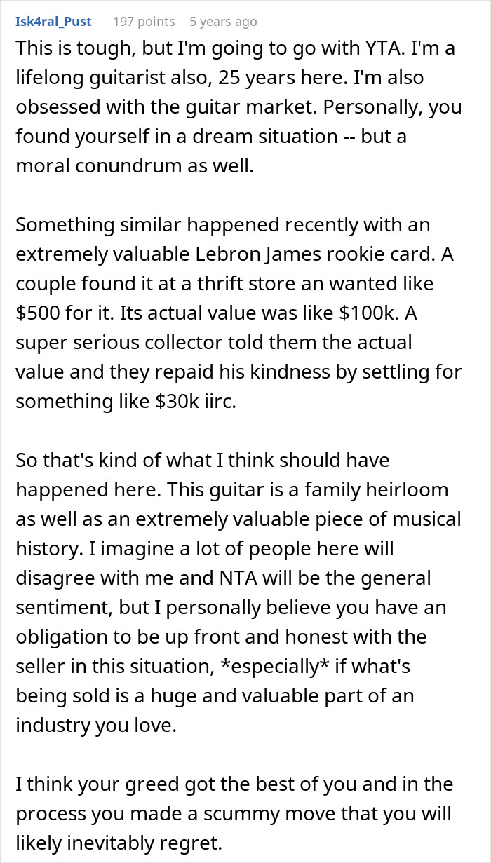Reddit comment discussing a man buying a $50K guitar for $4K and the moral dilemma involved. Reddit comment discussing a man buying a $50K guitar for $4K and the moral dilemma involved.