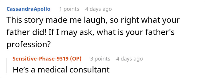 Screenshot of a conversation discussing an entitled brother&rsquo;s house ride and a father&rsquo;s profession as a medical consultant.