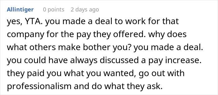 Comment discussing company pay deals and raises, highlighting frustration over new hire receiving higher salary.