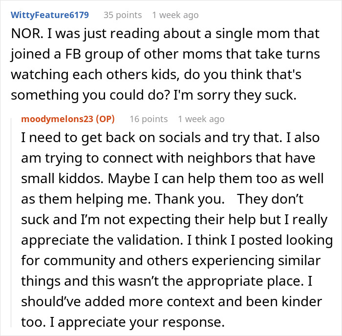 Text conversation about a single mom with two kids struggling to find support and connect with neighbors for help.