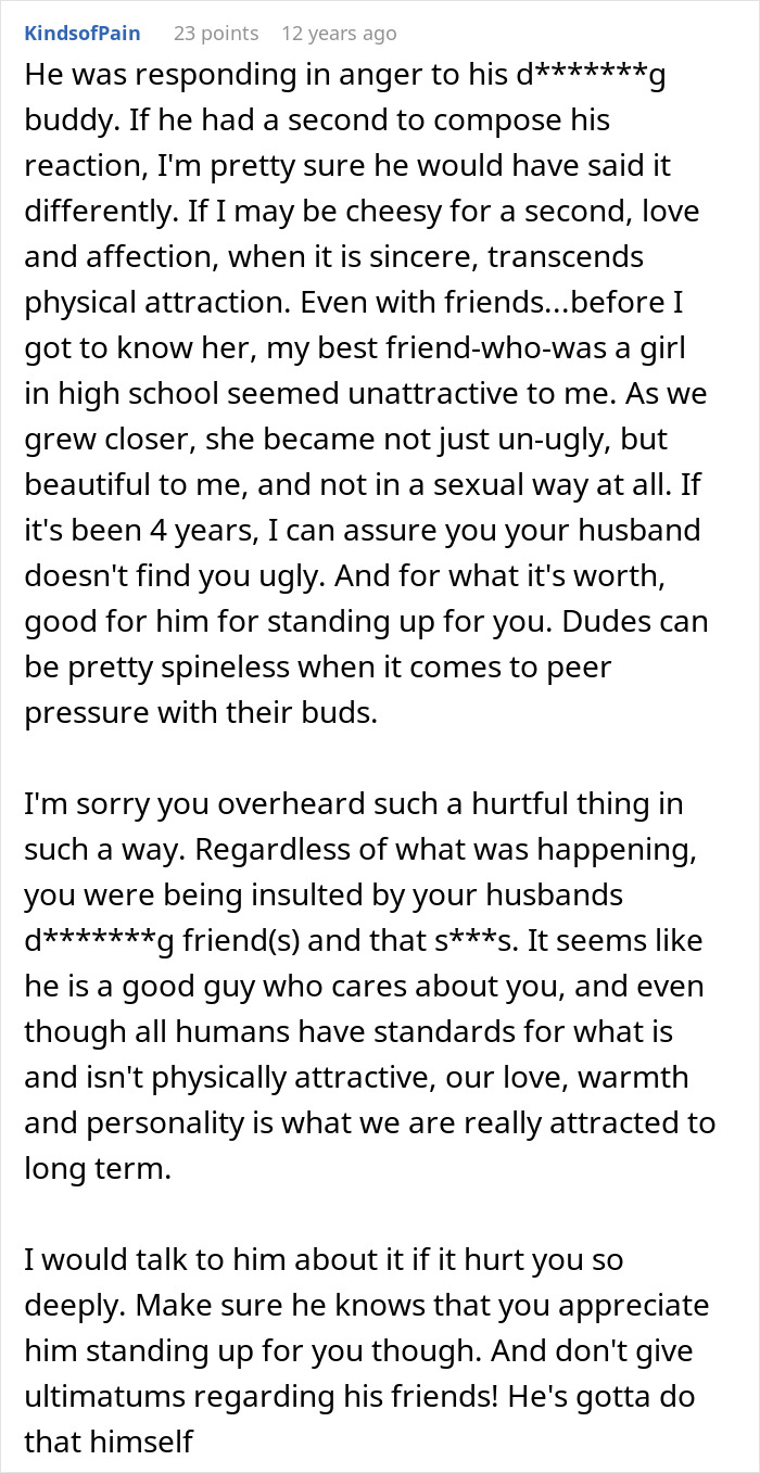 Comment discussing emotional impact after wife hears husband admit she&rsquo;s ugly, focusing on love beyond physical attraction.