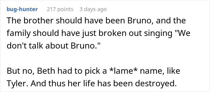 Comment discussing a brother's name choice and its impact, related to sister revealed dead brother lie story.