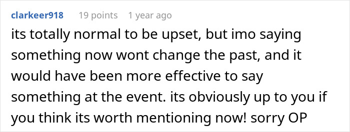 Screenshot of a social media comment discussing upset feelings about a wedding dress controversy involving a bride and cousin.