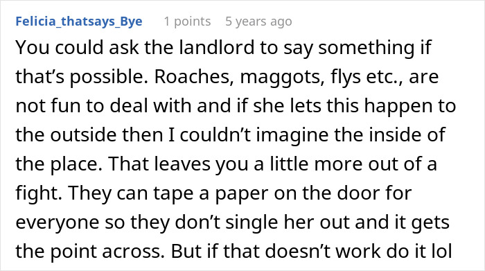 Comment suggesting tenant ask landlord to address neighbor&rsquo;s rotting pumpkin issue to avoid pests and consider passive-aggressive note.