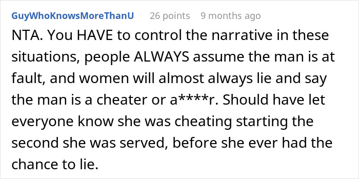 Comment discussing controlling the narrative around a lady kissing another man and family reaction to divorce.