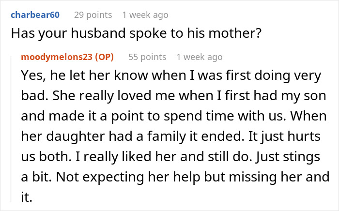 Screenshot of an online conversation about a woman struggling without support after surgery with two kids, expressing emotional pain.