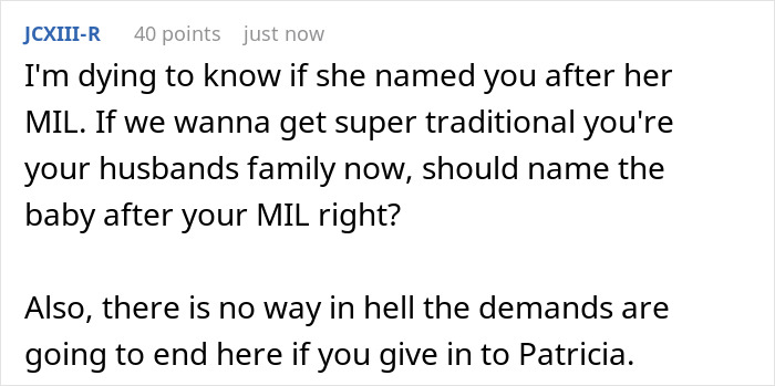 Comment discussing naming a baby after the mother-in-law and the refusal to comply with demands.
