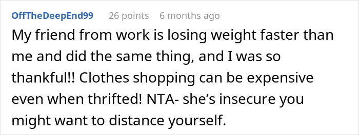 Comment about coworker losing weight fast and thrifted clothes, advising to distance from insecure coworker. Comment about coworker losing weight fast and thrifted clothes, advising to distance from insecure coworker.