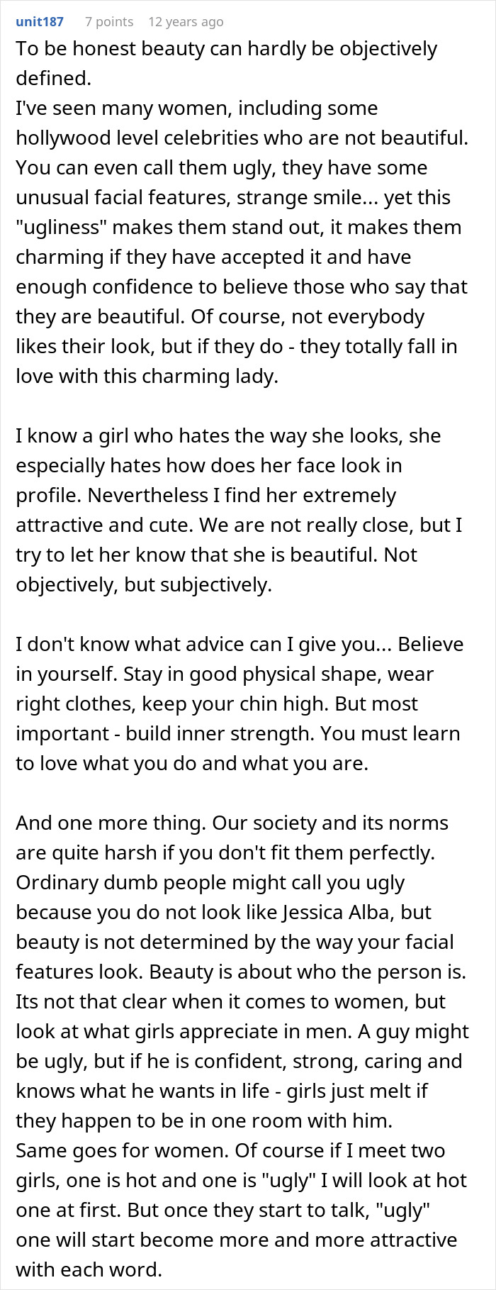 Text discussing perceptions of beauty, confidence, and inner strength related to wife hears husband admit that she&rsquo;s ugly.