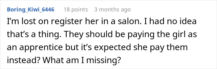 Text post discussing confusion over paying a salon apprentice, relating to unwillingness to help with cash but offering favors.
