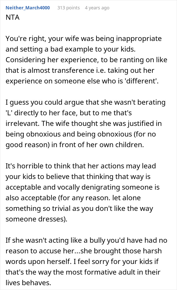 Screenshot of Reddit comment discussing wife acting like a bully and its impact on kids, relating to bullying experience.