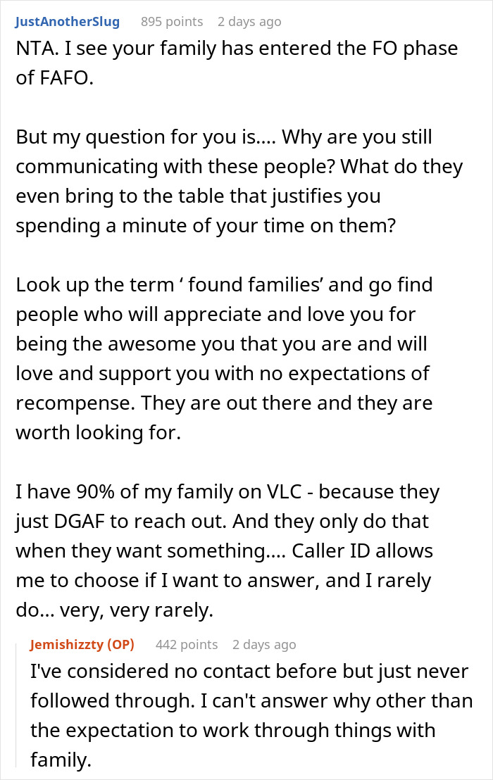 Screenshot of a Reddit conversation discussing family neglect, spoiled daughter, and asking son for help financial struggles.