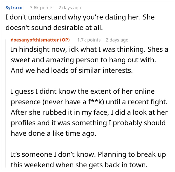 Reddit discussion about a gym influencer lying online causing a dealbreaker for her boyfriend.