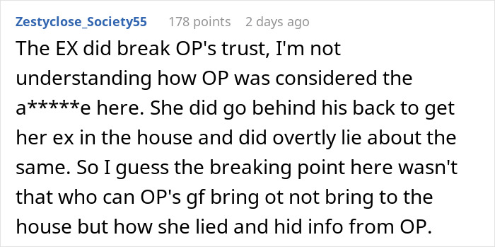 Comment discussing trust issues after a man kicks out his girlfriend and her son for secretly inviting her criminal ex to his house.