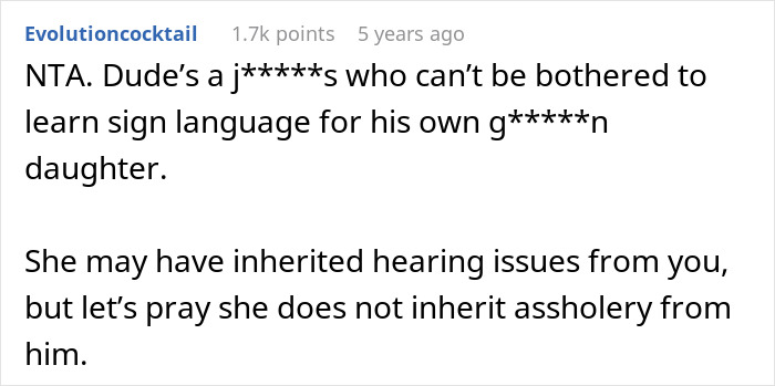 Comment on Reddit criticizing husband for not learning sign language for his deaf daughter and blaming wife.