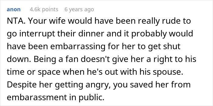 Comment discussing a wife taking a free pass with John Krasinski and her husband not allowing a photo with him.