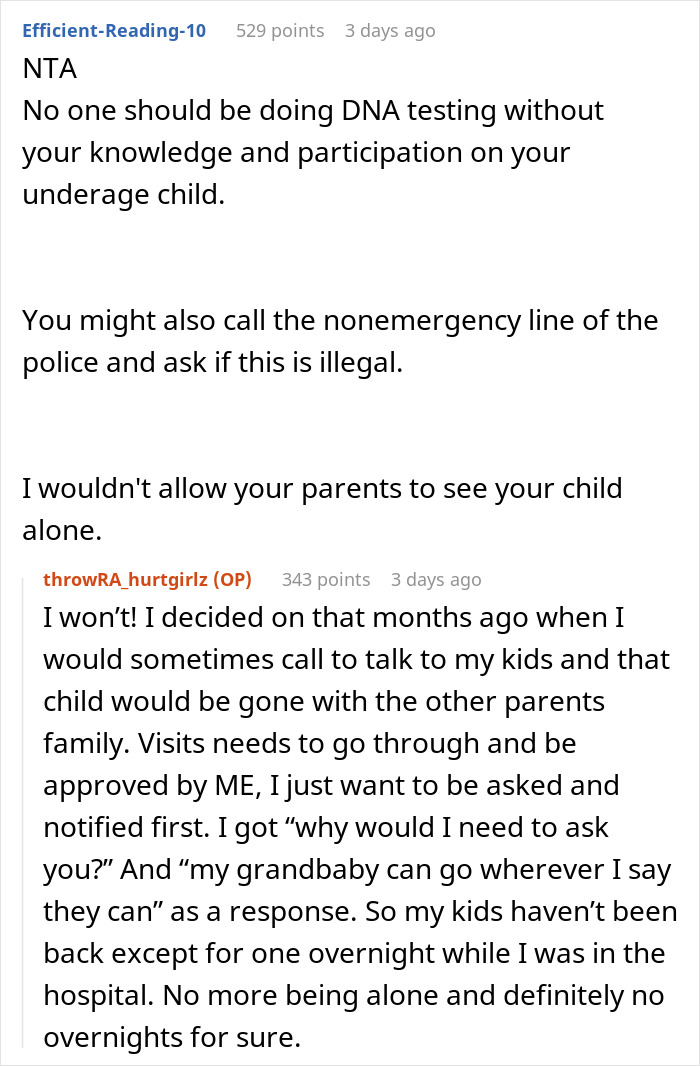 Comment discussing concerns over DNA ancestry testing and family boundaries involving children and parents. Comment discussing concerns over DNA ancestry testing and family boundaries involving children and parents.