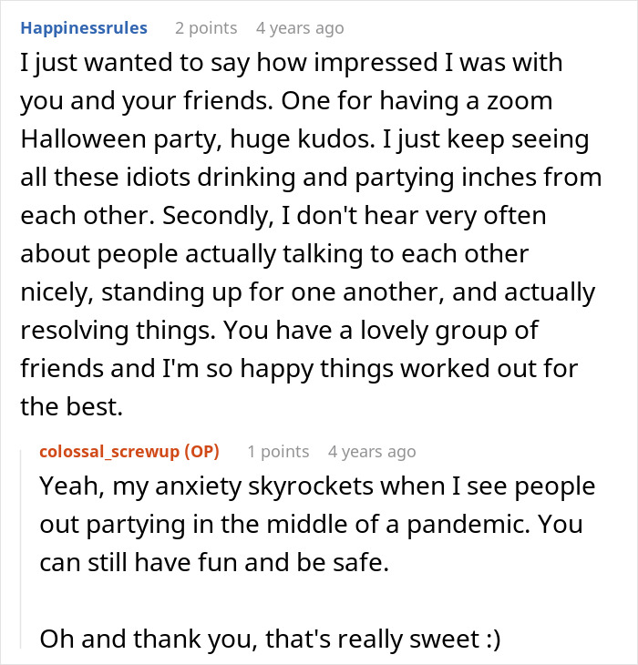Screenshot of a conversation about anxiety and social interactions during Halloween amid pandemic concerns.