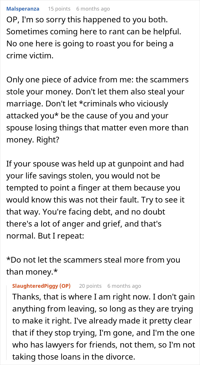 Screenshot of an online discussion about a person falling for a scam investment causing zero savings and immense debt. Screenshot of an online discussion about a person falling for a scam investment causing zero savings and immense debt.