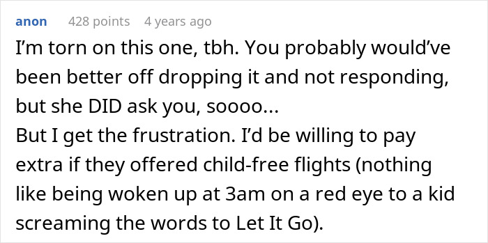 Screenshot of an online comment discussing passenger confrontations during toddler meltdowns on flights and handling challenges.