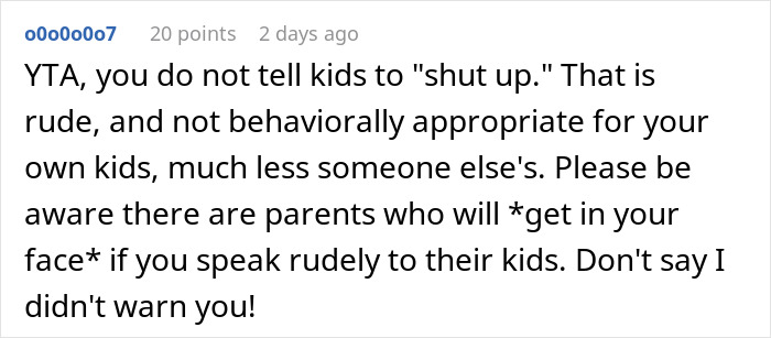 Comment about a man telling a disruptive kid on a plane to shut up, causing upset to the mom.