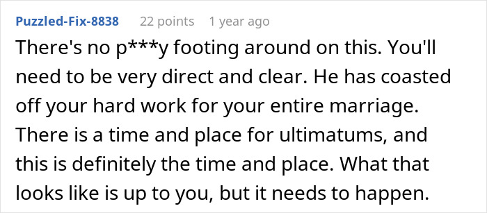 Reddit comment advising a wife to be direct and clear to prevent her husband from feeling emasculated due to income differences.