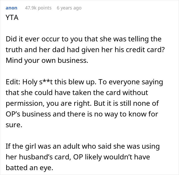 Commenter discusses woman acting as fraud police confronting teen over credit card use at store, causing distress.