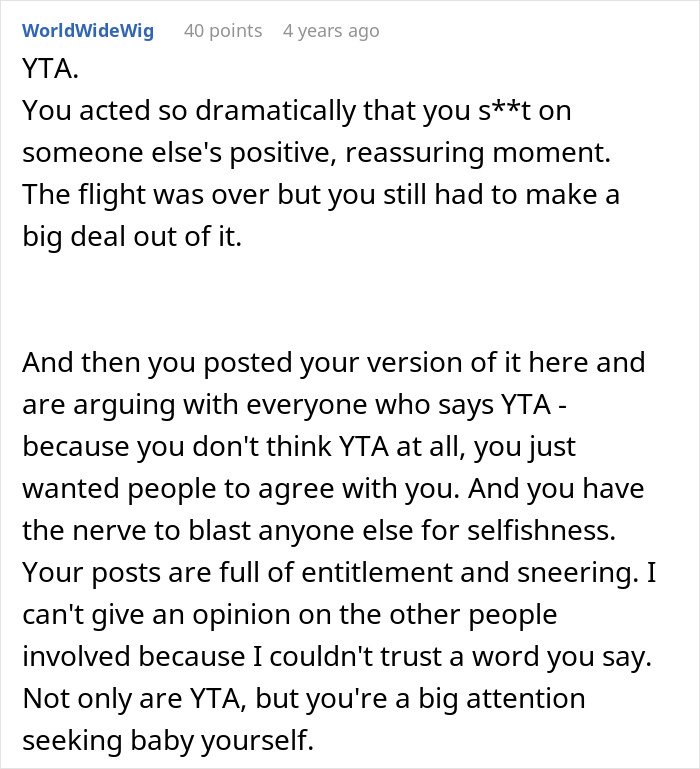 Screenshot of a Reddit comment criticizing a passenger who confronted a mom after an 8-hour toddler meltdown on a flight.