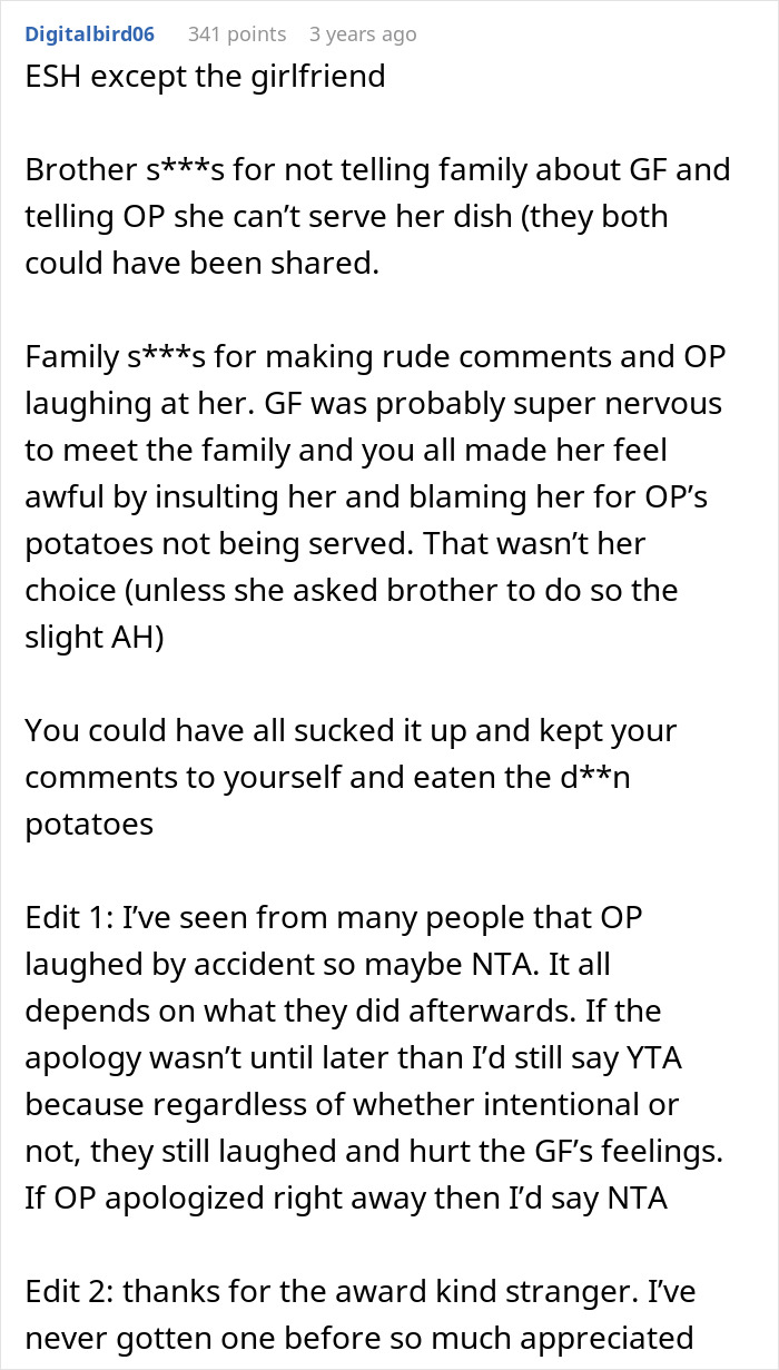 Screenshot of a Reddit comment discussing a family argument involving a girlfriend crying over raisin potatoes.