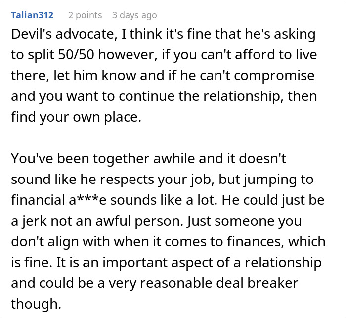 Reddit user discusses rich boyfriend demands equal split rent and girlfriend refuses, highlighting financial boundaries in relationships.