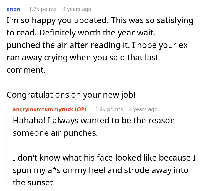 Screenshot of an online conversation about a woman&rsquo;s dream of having a tummy tuck and her husband stealing her savings.