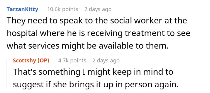 Conversation about a woman expecting help from her ex-husband after leaving him, discussing social worker support options.