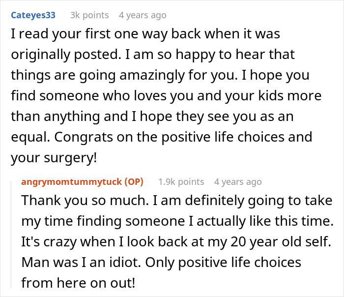 Reddit conversation about a woman&rsquo;s dream of having a tummy tuck and positive life changes after hardship.